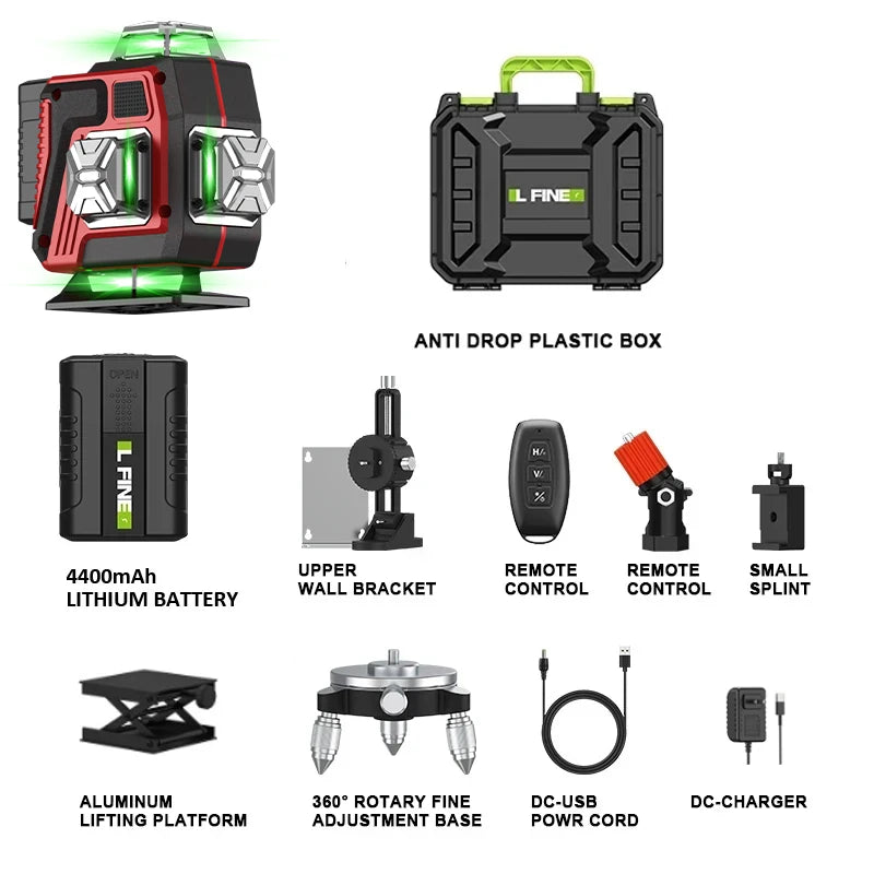 LFINE 16 Lines Professional Laser Level with Suitcase Automatic 360°Self-leveling Laser Horizontal Vertical Green Lines Tools