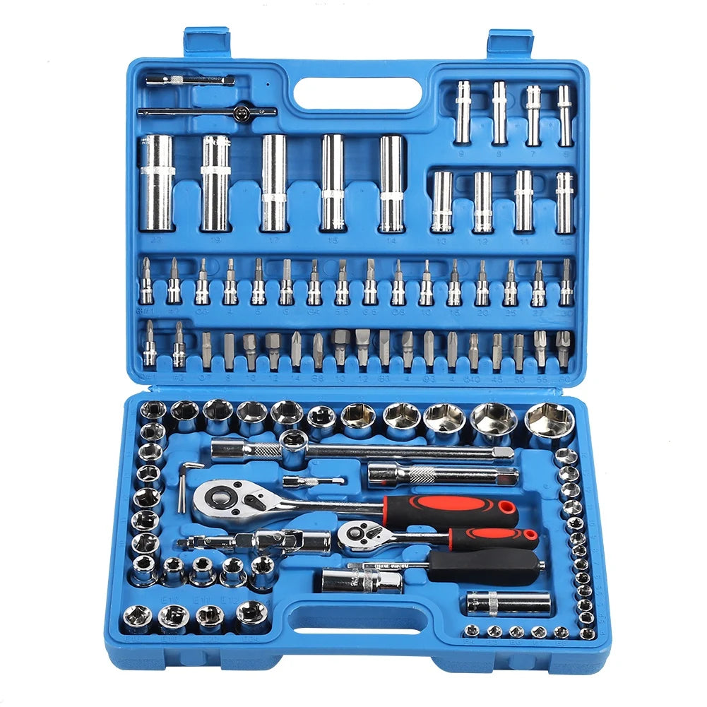 108Pcs Ratchet Wrench Set 1/4in 1/2in CR40 Steel Socket Set Tool Case Box Hex Extension Socket Hand Tools Kits Screwdriver Bits
