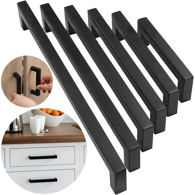 Black Cabinet Handle Square Stainless Steel Kitchen Door Knobs Furniture Hardware Cupboard Wardrobe Drawer Pulls Long Handles