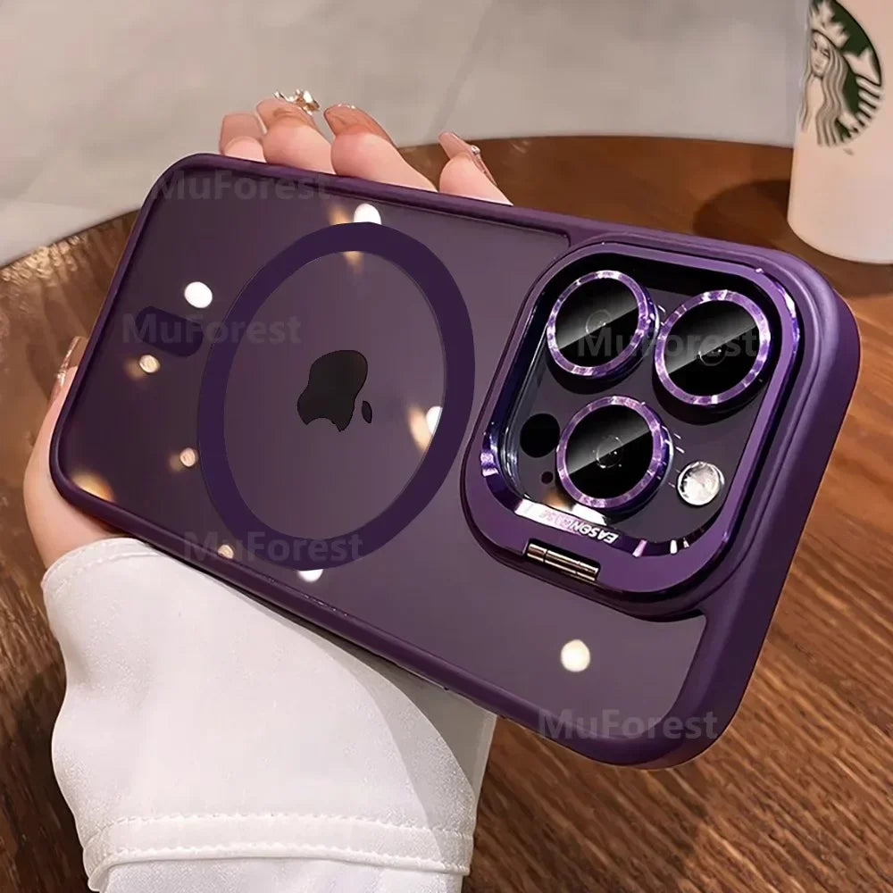 Luxury Cases For iPhone 16 15 14 13 12 11 Pro Max Plus For Magsafe Magnetic PC Hard Stand Holder Glass Lens Protection Cover
