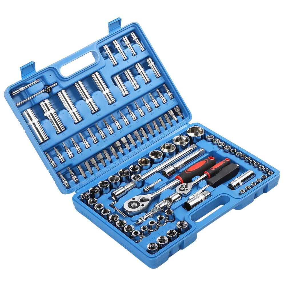 108Pcs Ratchet Wrench Set 1/4in 1/2in CR40 Steel Socket Set Tool Case Box Hex Extension Socket Hand Tools Kits Screwdriver Bits