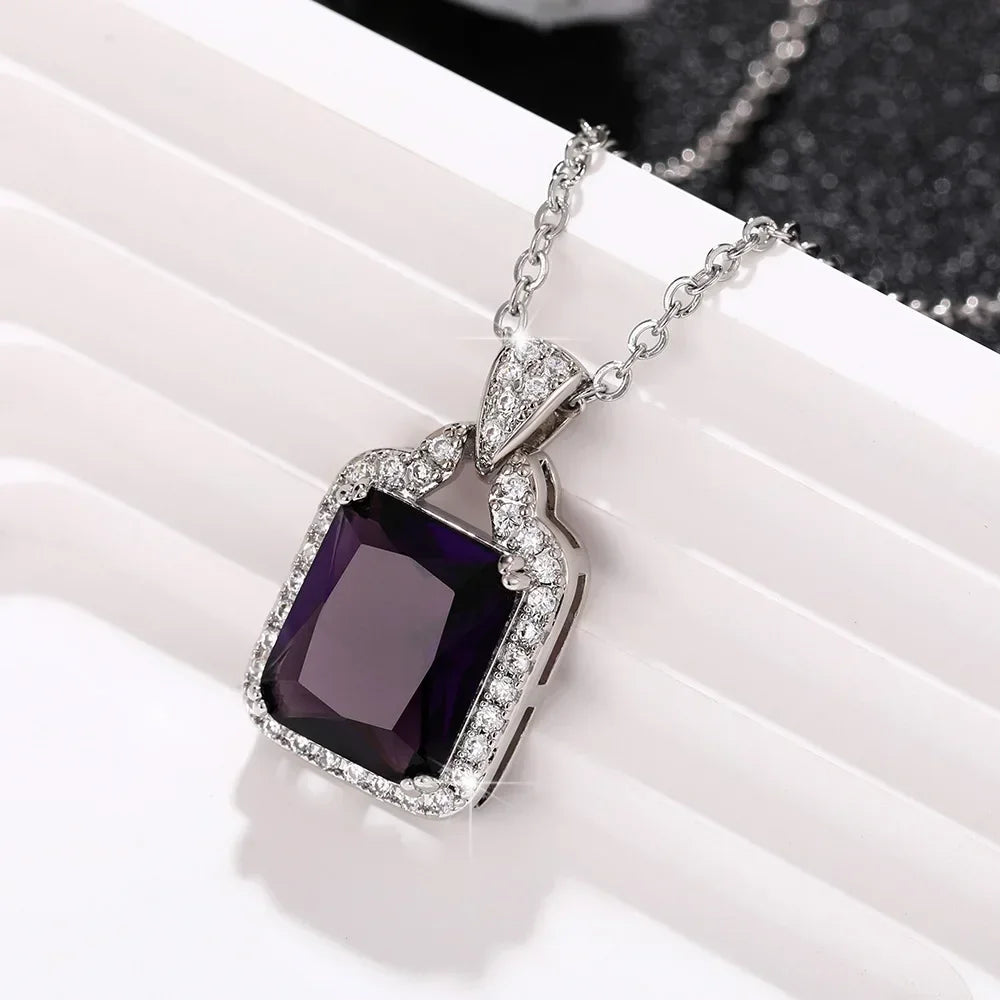 New Chic Square Purple Cubic Zirconia Necklace for Women Gorgeous Bride Engagement Wedding Necklaces Luxury Fashion Jewelry