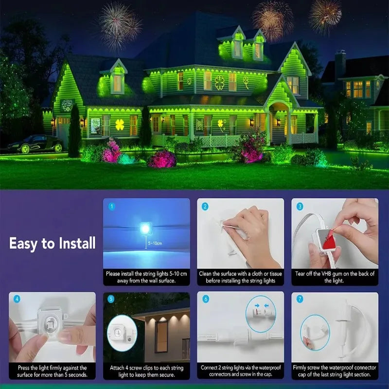 Outdoor Lights Permanent Smart RGBIC Eaves LED Lights Festival Flashing Lighting Fairy String for Christmas Holiday Decorations