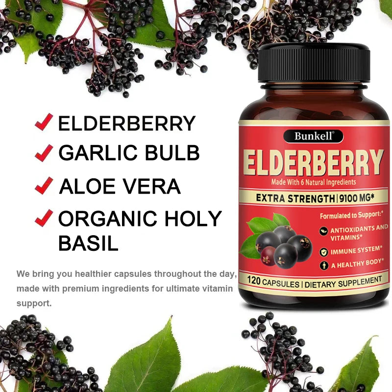 Maximum Strength Elderberry Supplement - Daily Immune, Skin, Antioxidant & Respiratory Health Support - Vitamin C Supplement