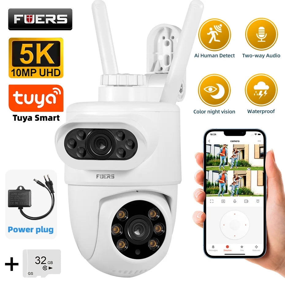FUERS 5K 10MP Dual Lens IP Camera Tuya Smart Outdoor Home Security Auto Tracking Human Detection WIFI CCTV Surveillance Camera