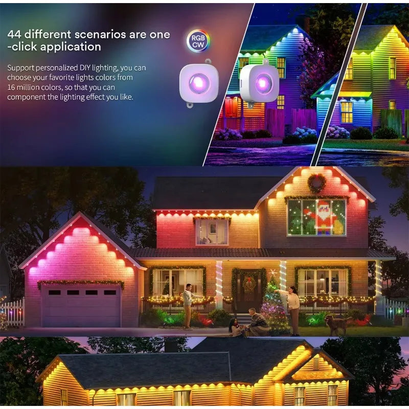 Outdoor Lights Permanent Smart RGBIC Eaves LED Lights Festival Flashing Lighting Fairy String for Christmas Holiday Decorations