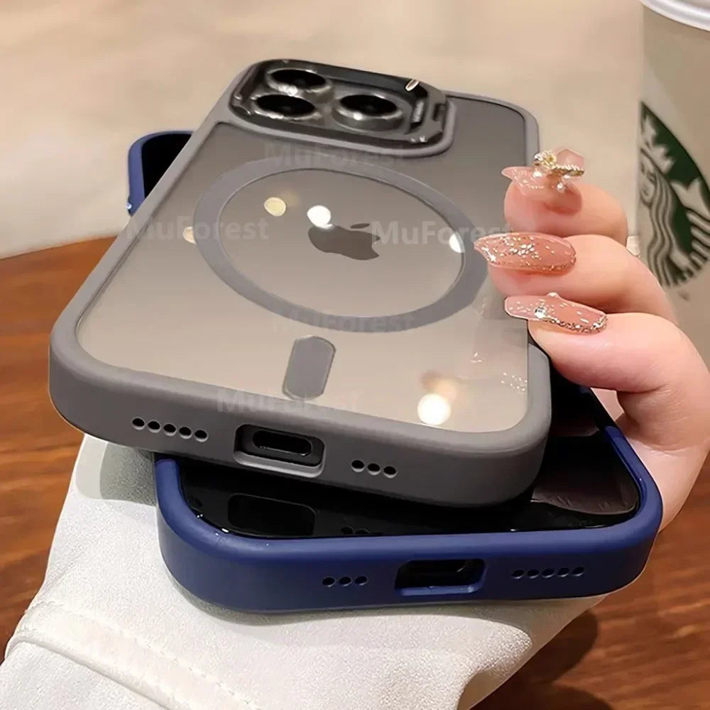 Luxury Cases For iPhone 16 15 14 13 12 11 Pro Max Plus For Magsafe Magnetic PC Hard Stand Holder Glass Lens Protection Cover