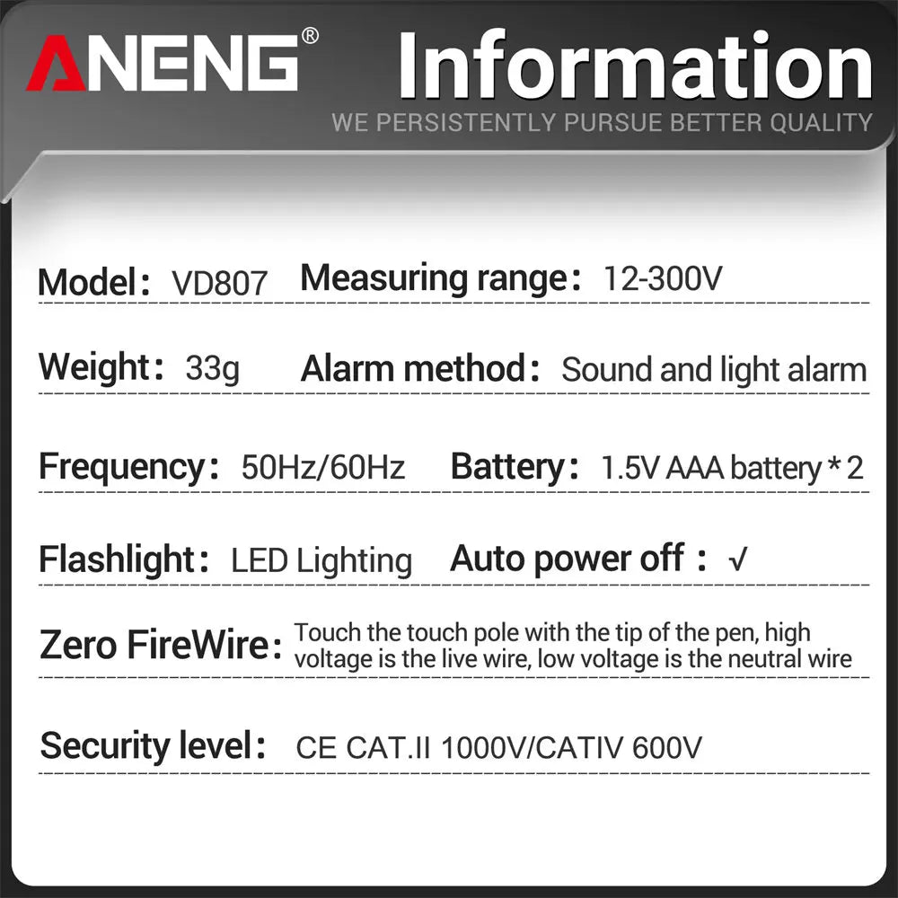 ANENG VD807 Smart Induction Tester Pen AC 12-300V Voltage Tester NCV