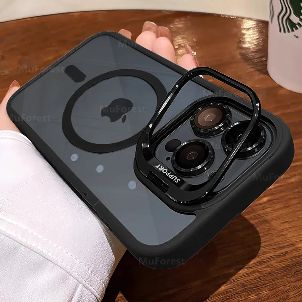 Luxury Cases For iPhone 16 15 14 13 12 11 Pro Max Plus For Magsafe Magnetic PC Hard Stand Holder Glass Lens Protection Cover