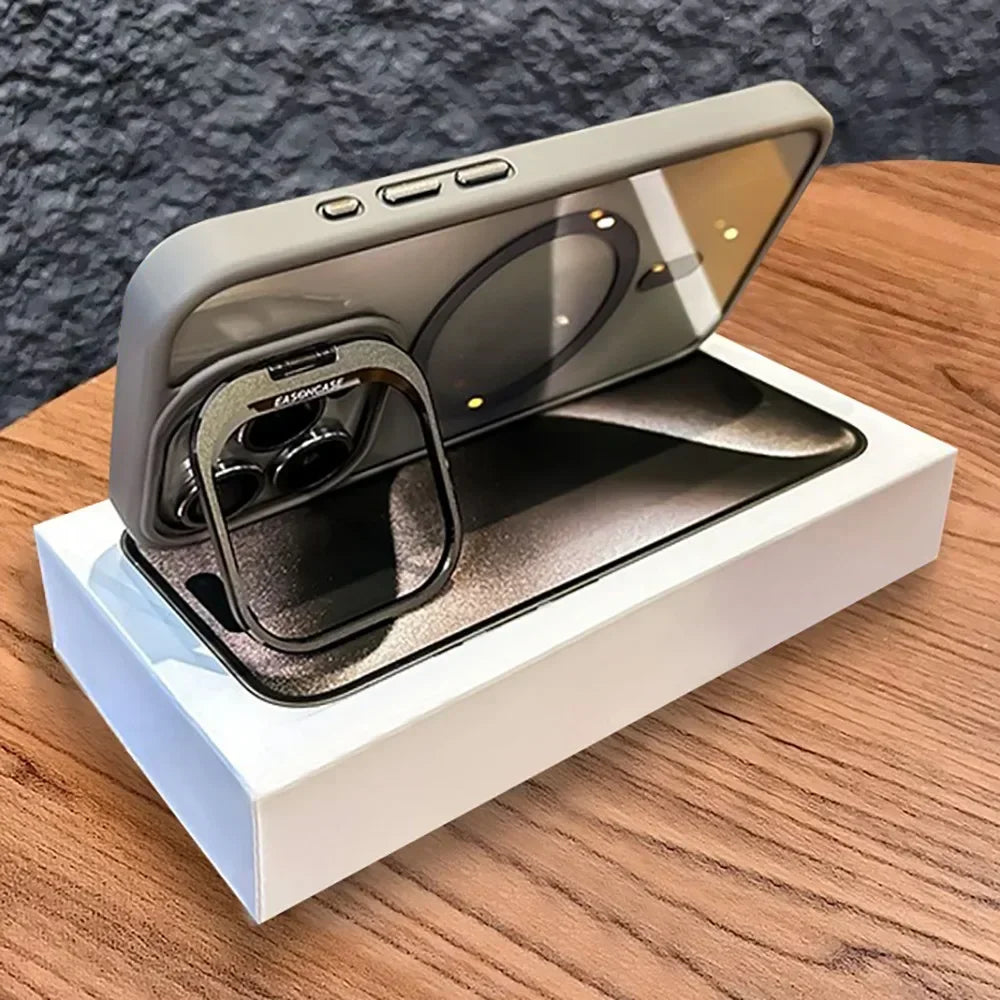 Luxury Cases For iPhone 16 15 14 13 12 11 Pro Max Plus For Magsafe Magnetic PC Hard Stand Holder Glass Lens Protection Cover