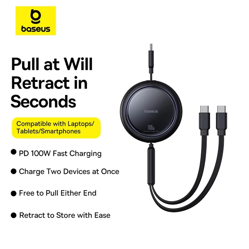 Baseus  Retractable 2 in 1 USB C Cable For iphone 16 15 pro max 100W  Type C Cable For Macbook Fast Charging for Huawei Xiaomi
