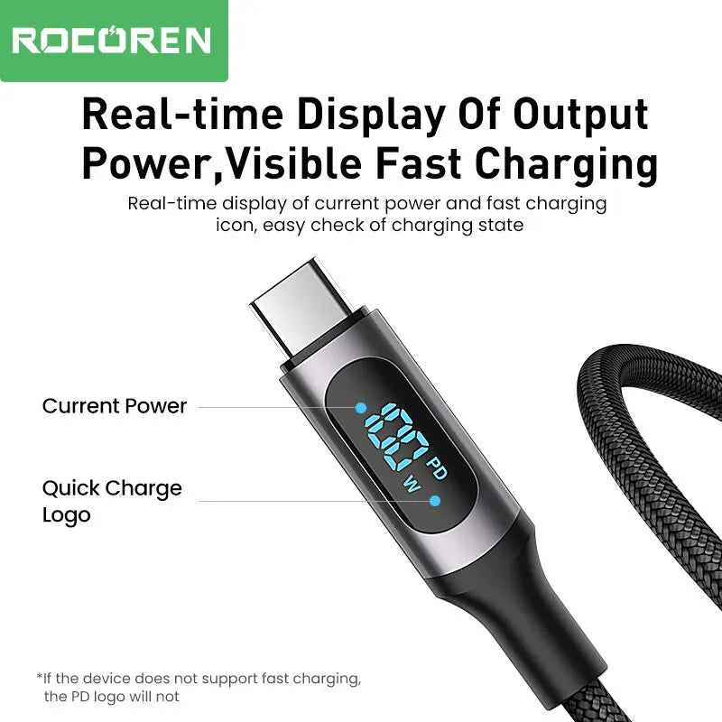 Rocoren PD 100W Type C Cable LED Display 5A Fast Charging Charger Wire Cord For Macbook Xiaomi POCO Samsung Type-C USBC Cable 2M