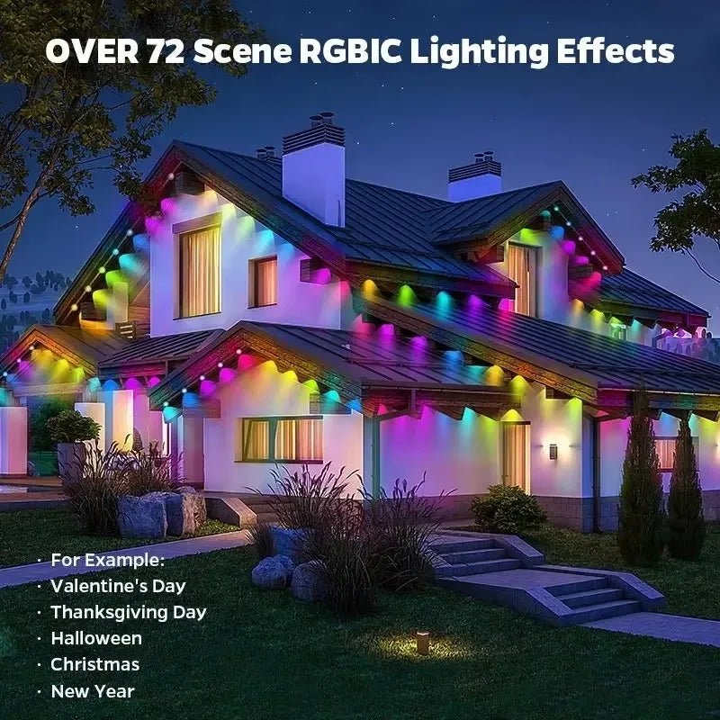 Outdoor Lights Permanent Smart RGBIC Eaves LED Lights Festival Flashing Lighting Fairy String for Christmas Holiday Decorations