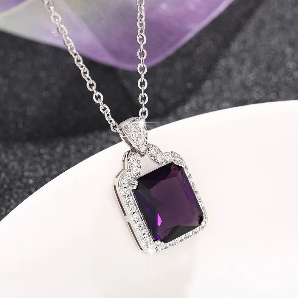 New Chic Square Purple Cubic Zirconia Necklace for Women Gorgeous Bride Engagement Wedding Necklaces Luxury Fashion Jewelry