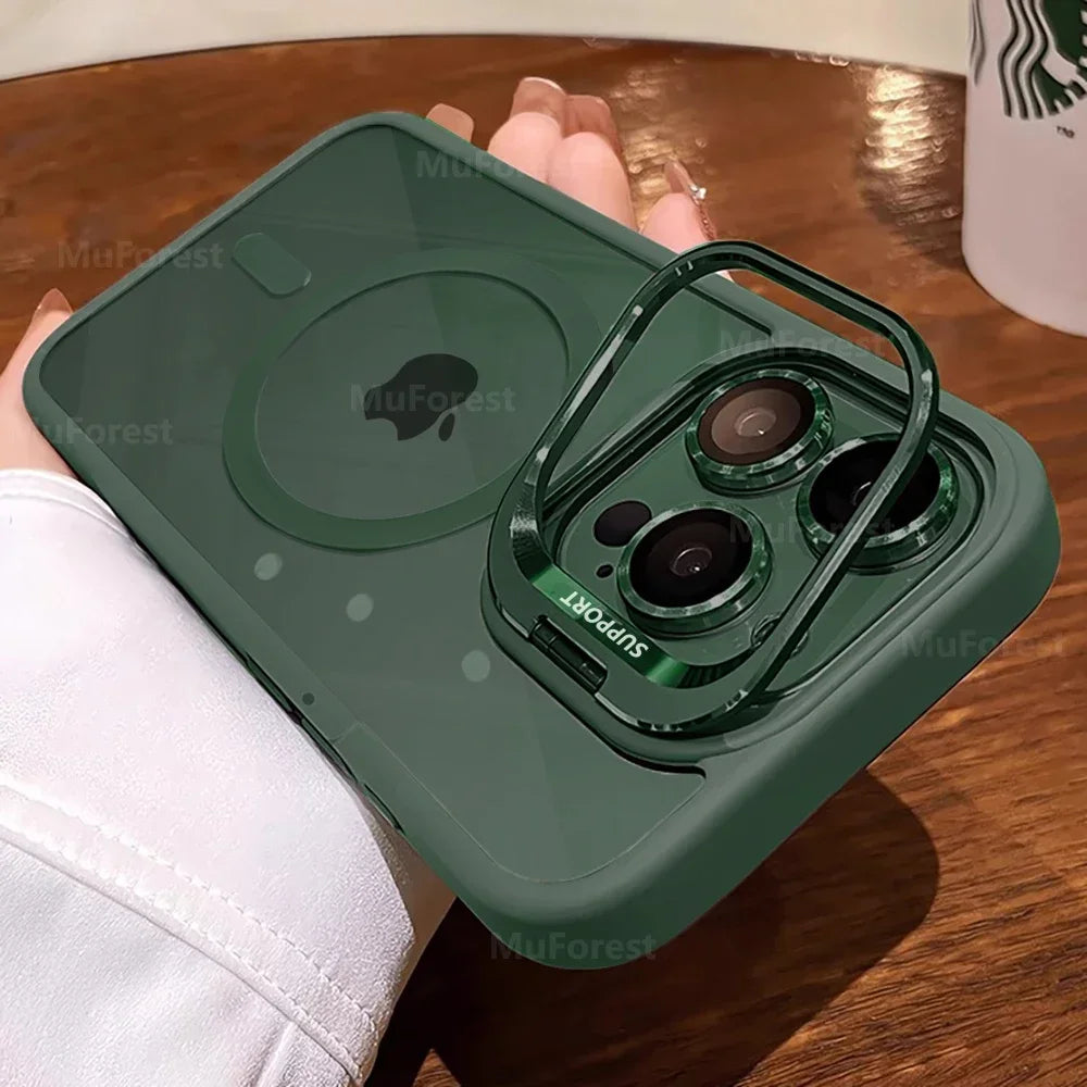 Luxury Cases For iPhone 16 15 14 13 12 11 Pro Max Plus For Magsafe Magnetic PC Hard Stand Holder Glass Lens Protection Cover