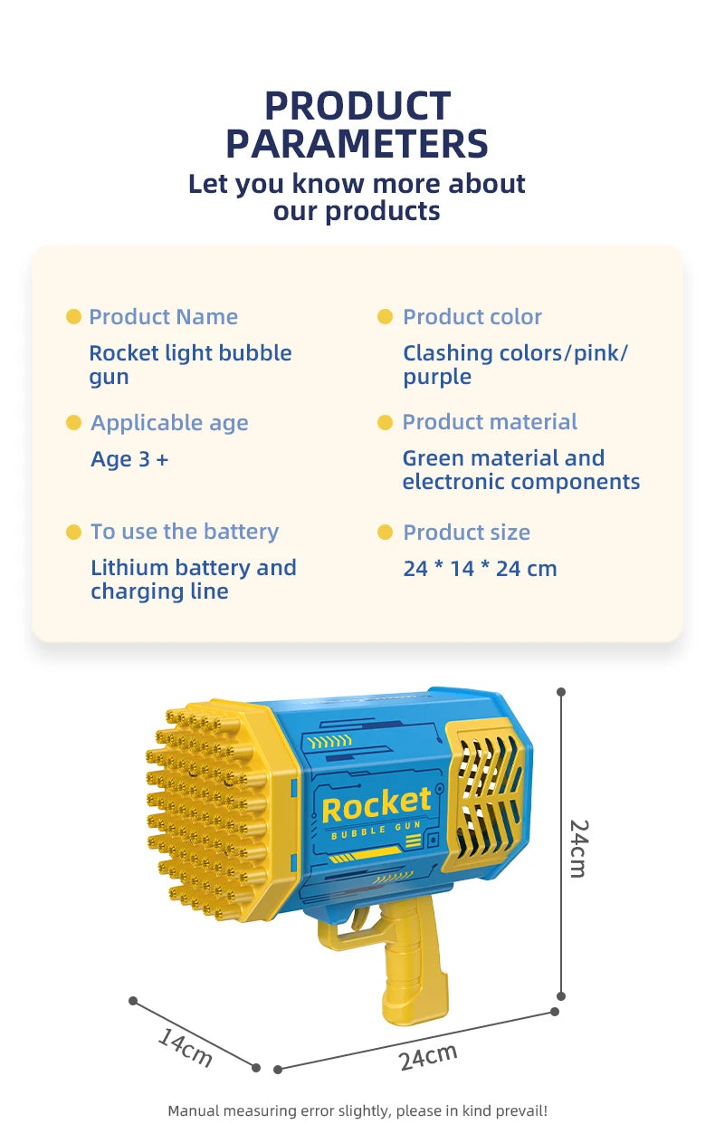 Bubble Gun Kids Toys Rocket 69 Holes Soap Bubbles Machine Gun Shape Automatic Blower With Light Pomperos Outdoor Toy Gifts Party