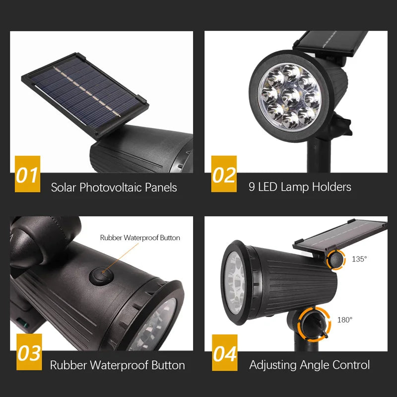 9 LEDs Solar Spotlights, Outdoor Waterproof, Spot Lights, Brightness Adjustable for Garden Backyard Driveway Patio Decor