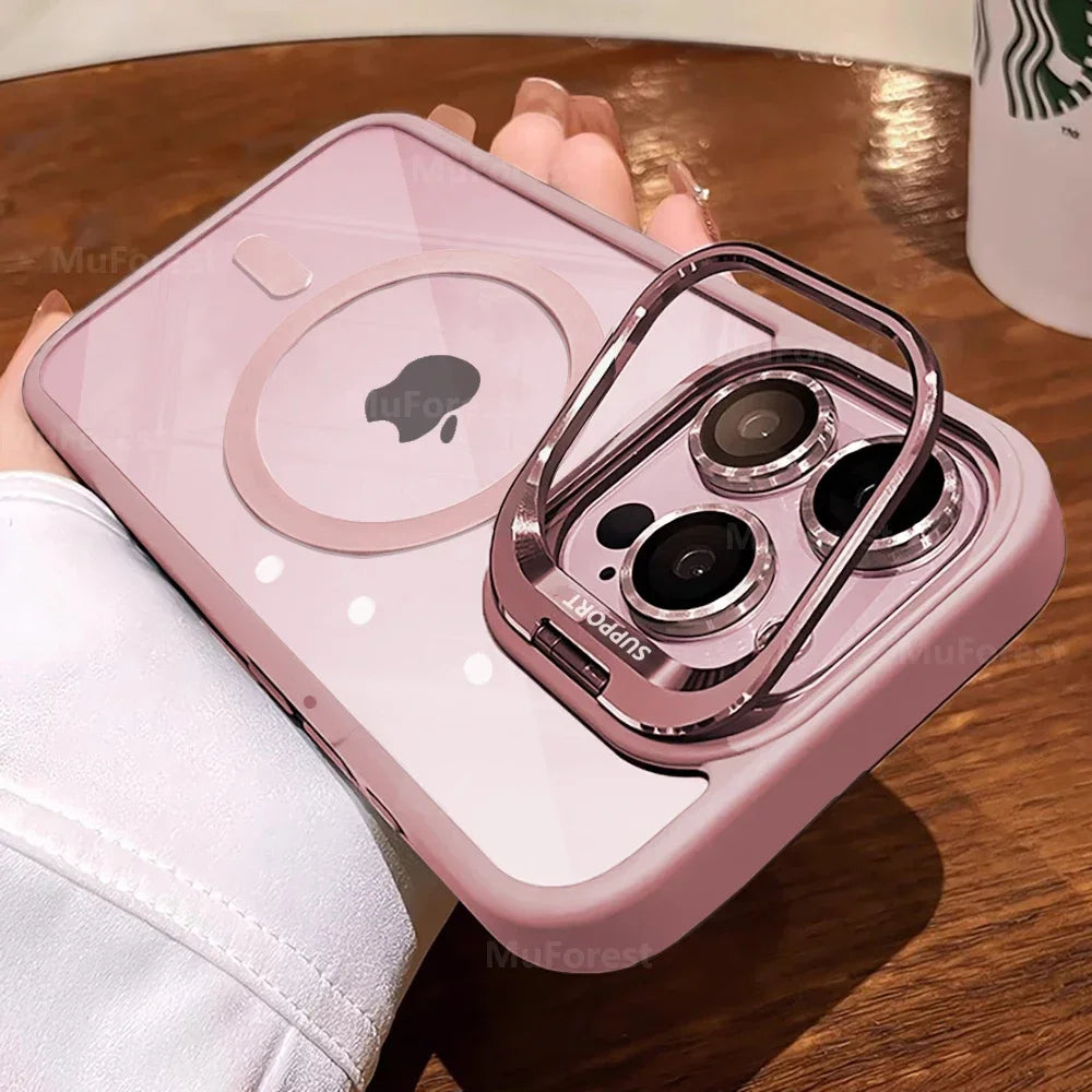 Luxury Cases For iPhone 16 15 14 13 12 11 Pro Max Plus For Magsafe Magnetic PC Hard Stand Holder Glass Lens Protection Cover