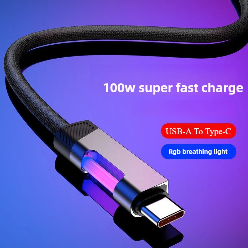 NEW RGB Fast Charging Cable 100W Type C Cable Changing Fast Charging Cable for Xiaomi Huawei Redmi OPPO POCO RGB Ambient Light