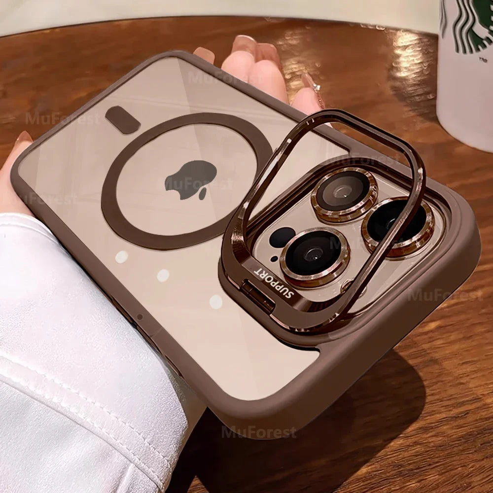 Luxury Cases For iPhone 16 15 14 13 12 11 Pro Max Plus For Magsafe Magnetic PC Hard Stand Holder Glass Lens Protection Cover