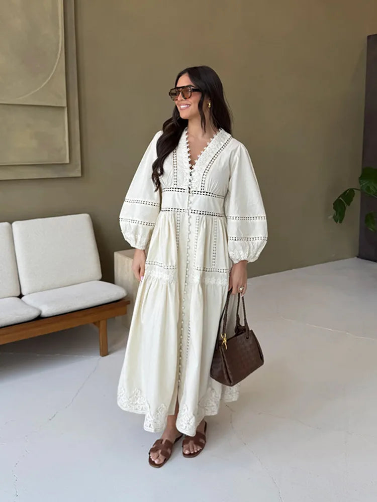 Elegant Lace Patchwork Hollow Out Dress Women Solid V-neck Long Lantern Sleeve Loose Dresses 2025 Spring Vacation Lady Robes