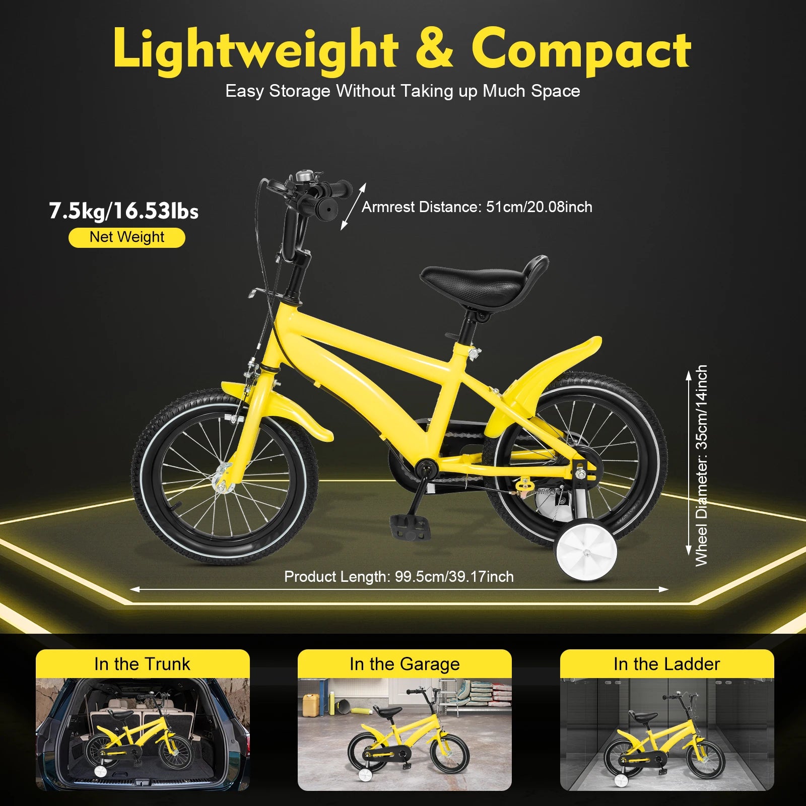 14 Inch Kids Bike Adjustable Seat Dual Brakes Children's Bicycle Load 50kg w/Training Wheels for Ages 2-4, Yellow/Blue/Red/White
