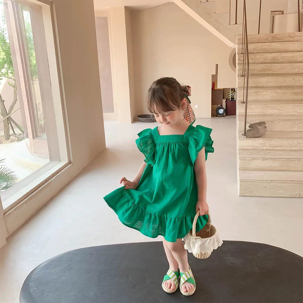 Bear Leader Summer Girls Dresses Flying Sleeve Dress Casual Ruffled Dresses Solid Back Bowknot A Line Baby Dresses Kids Clothes