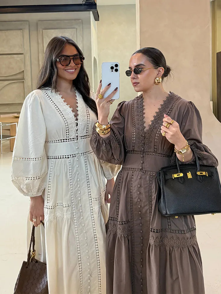 Elegant Lace Patchwork Hollow Out Dress Women Solid V-neck Long Lantern Sleeve Loose Dresses 2025 Spring Vacation Lady Robes