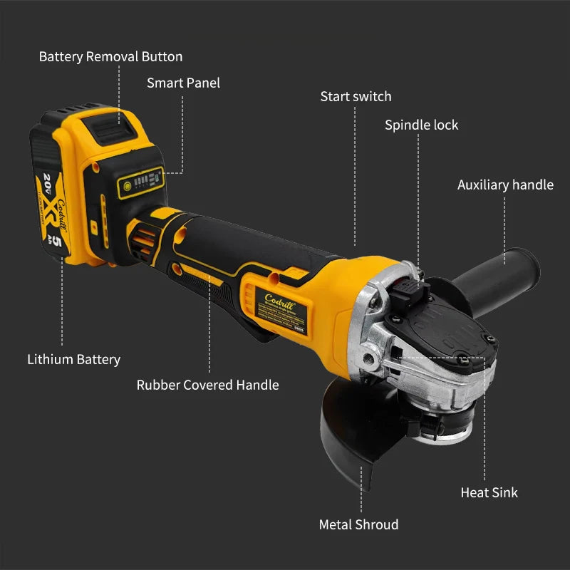 Codrill 125/100mm Cordless Brushless Angle Grinder 9000RPM Cutting Machine Polishing Machine For Dewalt 20V Battery PIN