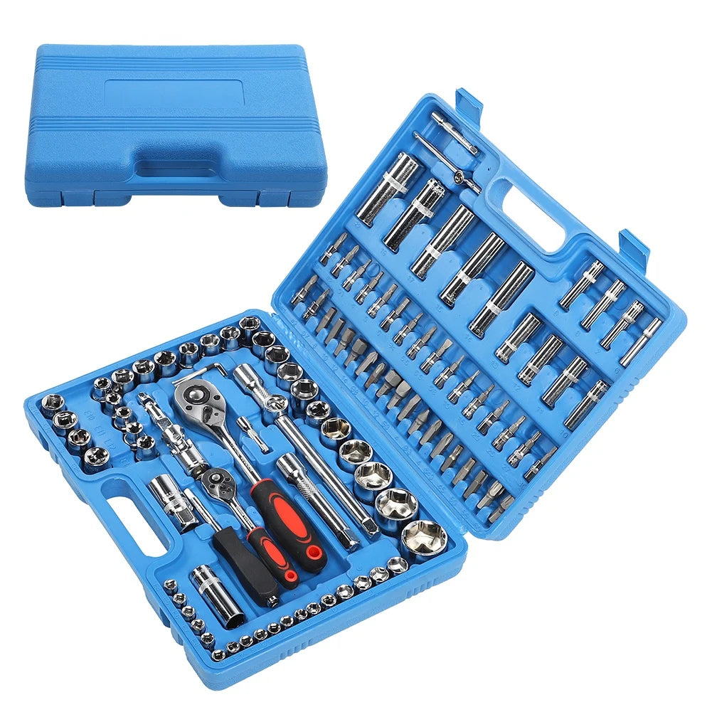 108Pcs Ratchet Wrench Set 1/4in 1/2in CR40 Steel Socket Set Tool Case Box Hex Extension Socket Hand Tools Kits Screwdriver Bits