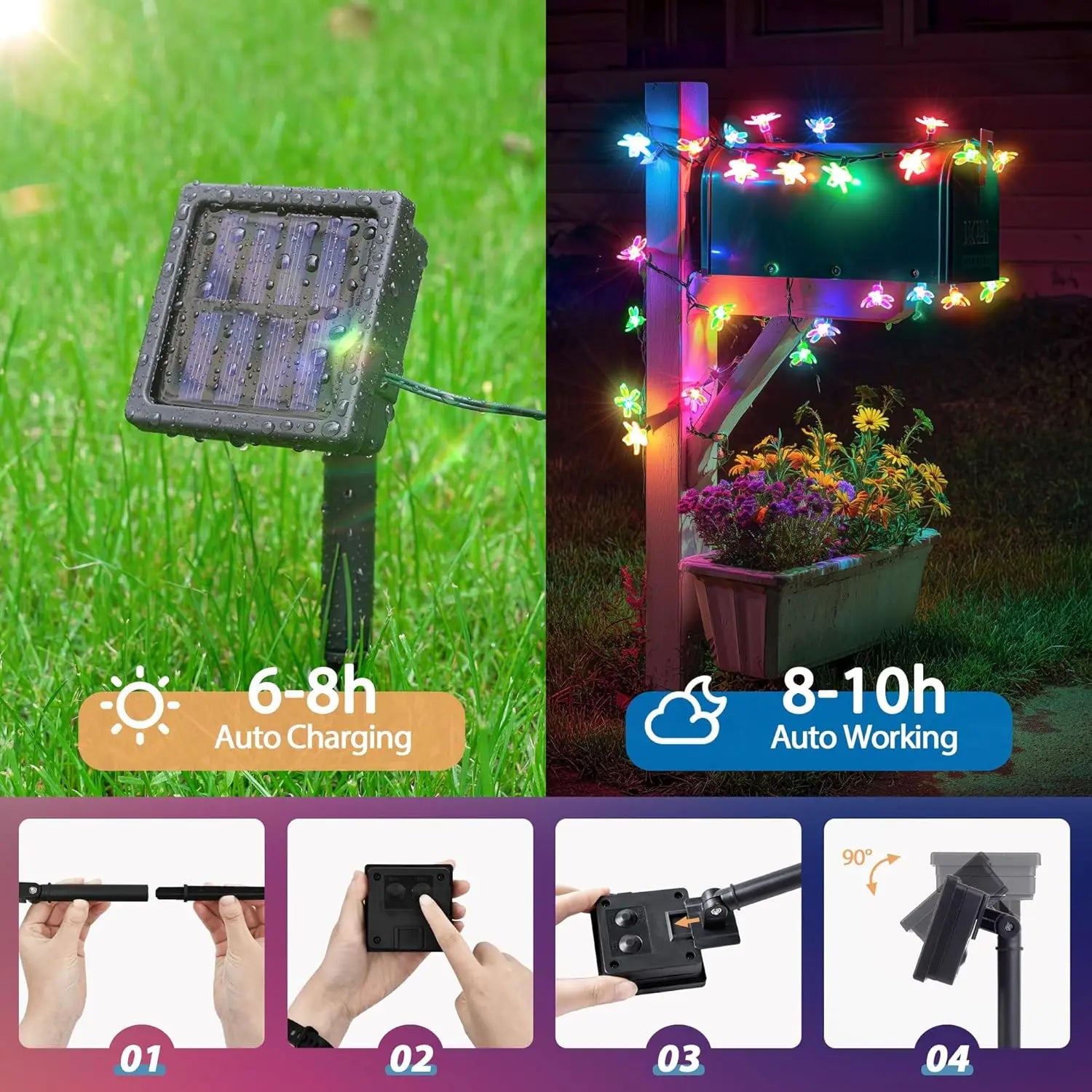 Solar String Lights Outdoor 50 LED with 8 Lighting Modes Waterproof Patio Lights for Garden Yard Party Halloween Christmas Decor
