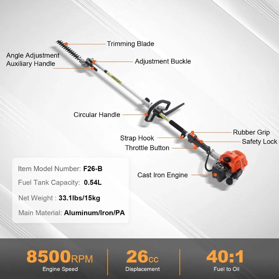 26CC 6in1 MultiFunctional Trimming Tools Gas Hedge Trimmer Weed Eater String Trimmer Brush Cutter Edger Pole Saw Chainsaw Prun