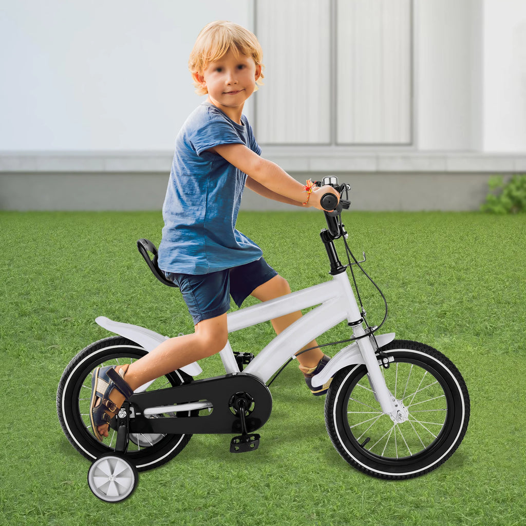 14 Inch Kids Bike Adjustable Seat Dual Brakes Children's Bicycle Load 50kg w/Training Wheels for Ages 2-4, Yellow/Blue/Red/White