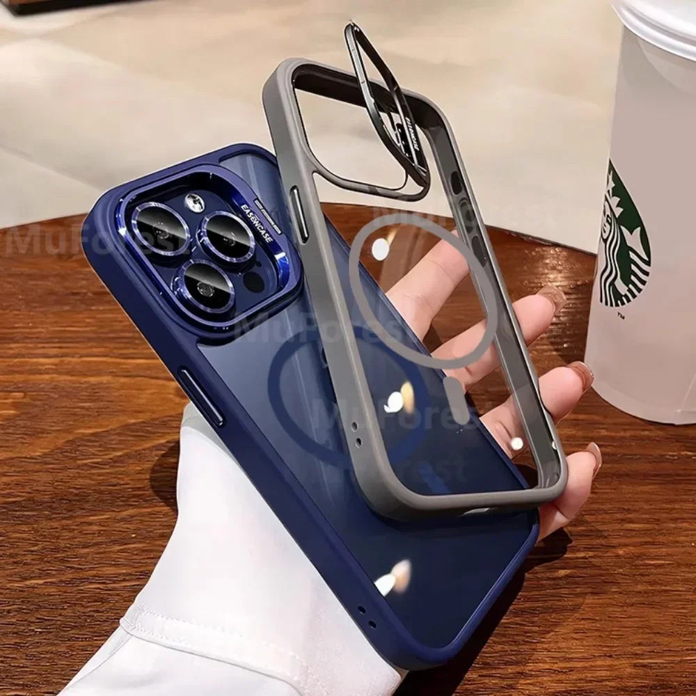 Luxury Cases For iPhone 16 15 14 13 12 11 Pro Max Plus For Magsafe Magnetic PC Hard Stand Holder Glass Lens Protection Cover