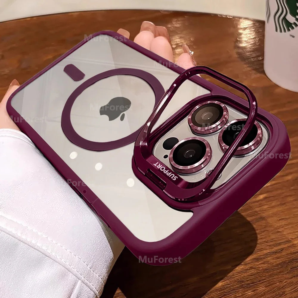 Luxury Cases For iPhone 16 15 14 13 12 11 Pro Max Plus For Magsafe Magnetic PC Hard Stand Holder Glass Lens Protection Cover