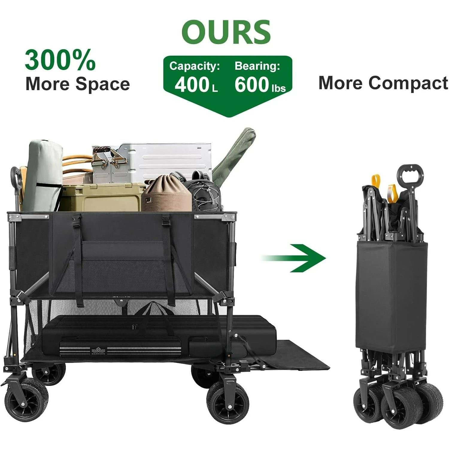 Double Decker Wagon 600lb Capacity & 400L Collapsible Sports Wagon with Big Wheels 54" Extended Utility Folding Cart