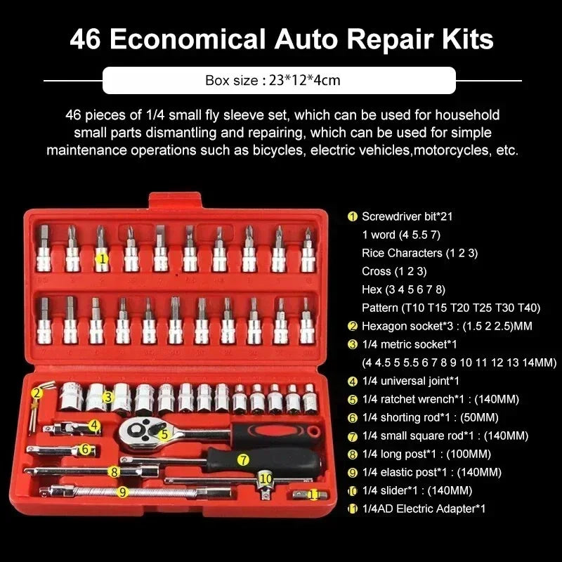 46 Pieces Of Car Repair Tool Set Multifunctional Car Repair Toolbox Ratchet Wrench Socket Combination Sleeve Tools Motorcycle