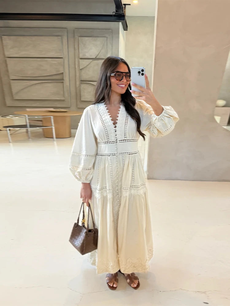 Elegant Lace Patchwork Hollow Out Dress Women Solid V-neck Long Lantern Sleeve Loose Dresses 2025 Spring Vacation Lady Robes
