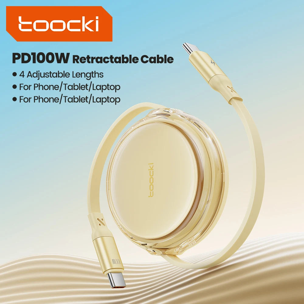 Toocki Retractable 100W Type C Cable For iPhone 15 16 Pro Max Macbook PD Fast Charging USB C To USB C Data Cord For Xiaomi 15 14