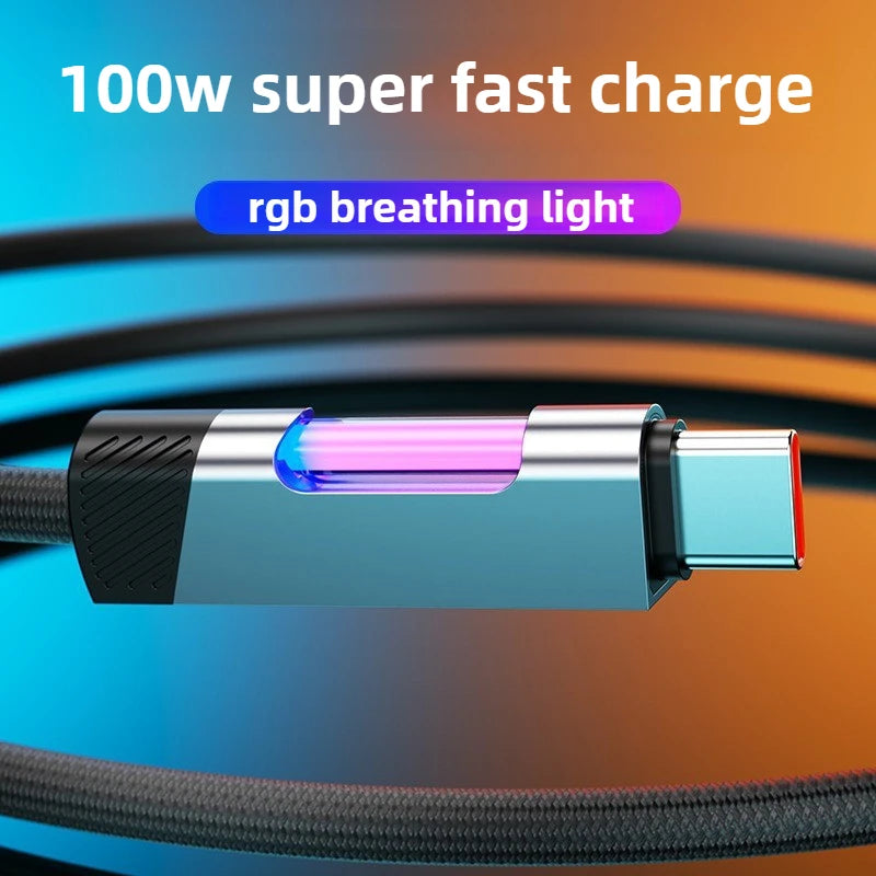NEW RGB Fast Charging Cable 100W Type C Cable Changing Fast Charging Cable for Xiaomi Huawei Redmi OPPO POCO RGB Ambient Light