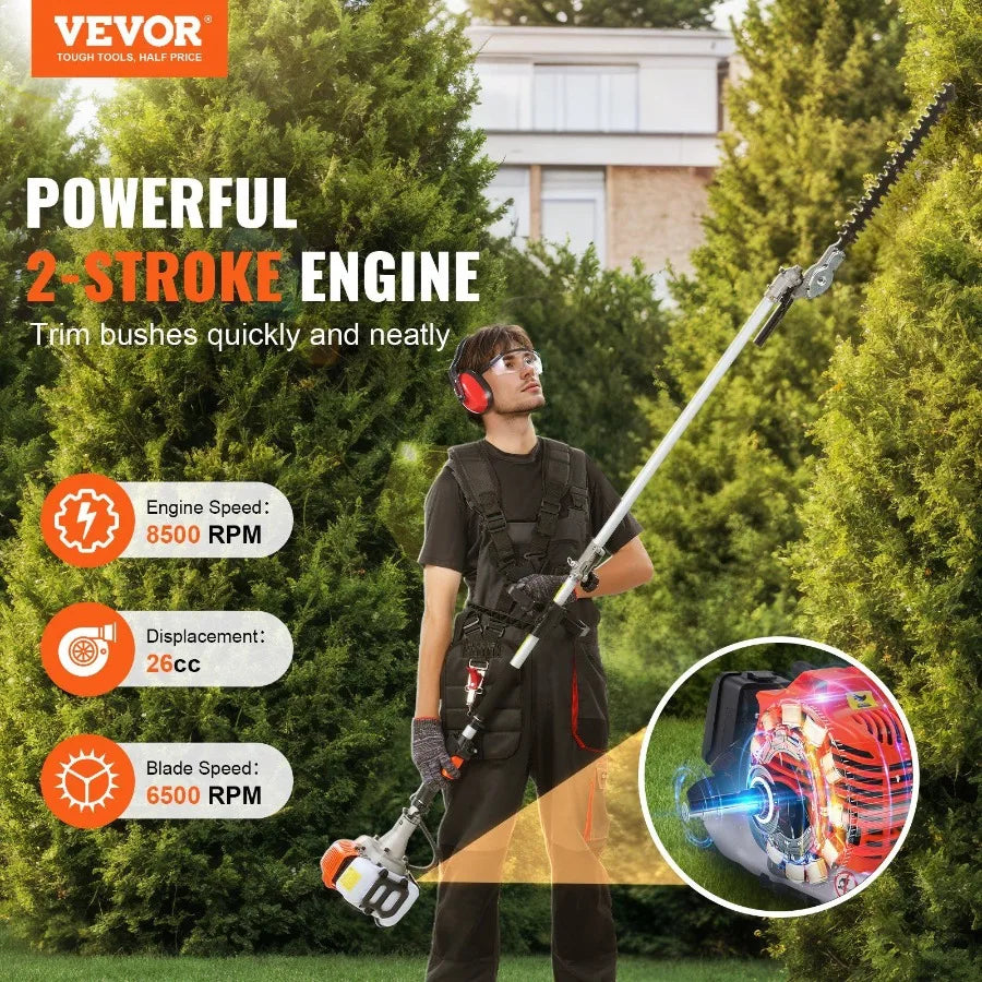 26CC 6in1 MultiFunctional Trimming Tools Gas Hedge Trimmer Weed Eater String Trimmer Brush Cutter Edger Pole Saw Chainsaw Prun