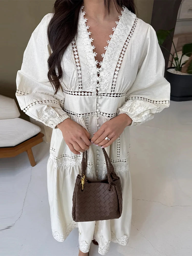 Elegant Lace Patchwork Hollow Out Dress Women Solid V-neck Long Lantern Sleeve Loose Dresses 2025 Spring Vacation Lady Robes