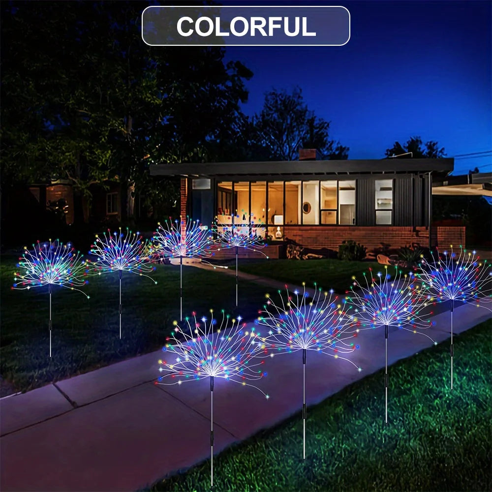 60/90/150/200 LED Solar Fireworks Lights Outdoor Decorative Multicolor Starburst Waterproof Lamps with 8 Modes for Garden Path