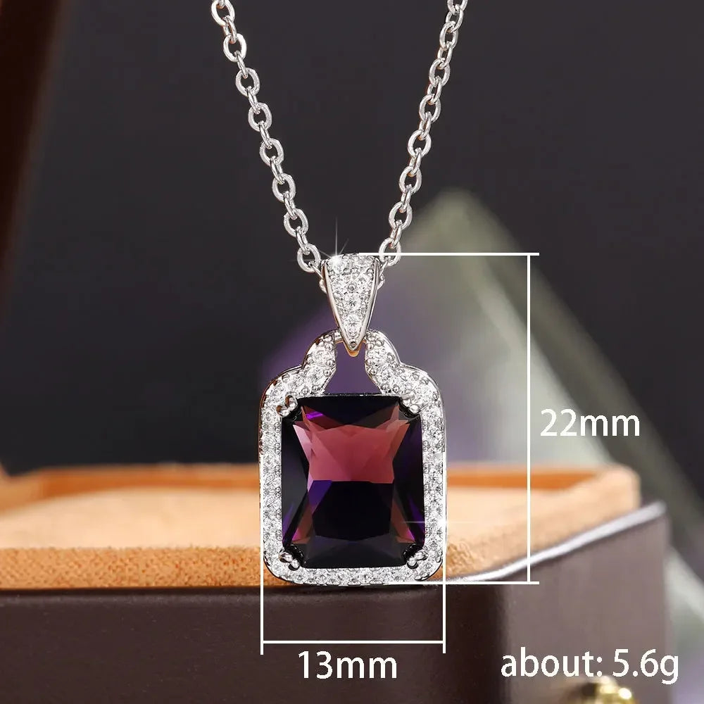 New Chic Square Purple Cubic Zirconia Necklace for Women Gorgeous Bride Engagement Wedding Necklaces Luxury Fashion Jewelry