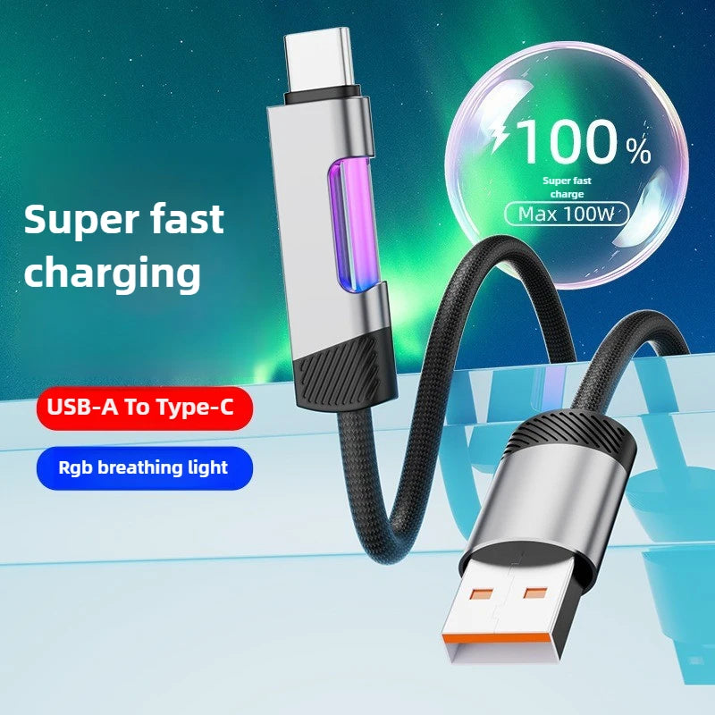NEW RGB Fast Charging Cable 100W Type C Cable Changing Fast Charging Cable for Xiaomi Huawei Redmi OPPO POCO RGB Ambient Light
