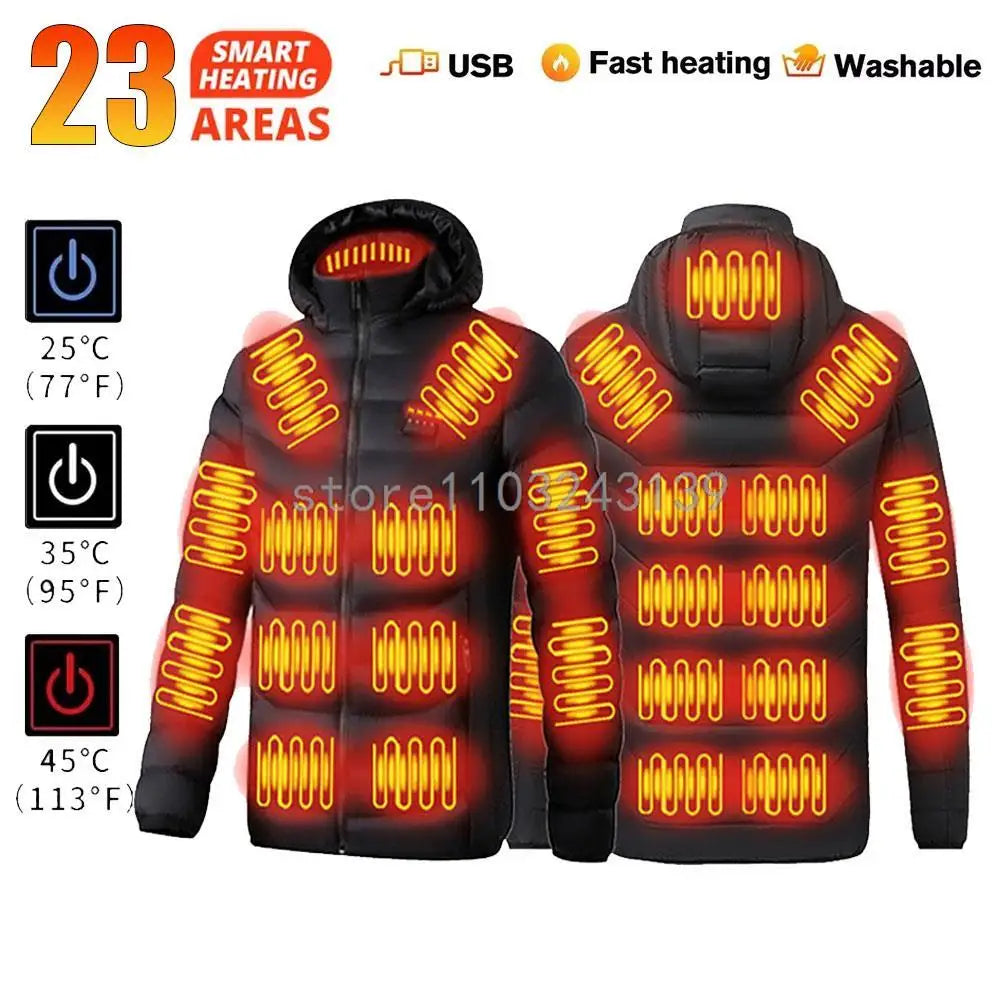 23 Areas Heated Jacket Winter Men Warm Vest USB Self Heating Jacket Women Heated Coat Ski Camping Hiking Winter Cotton Clothes