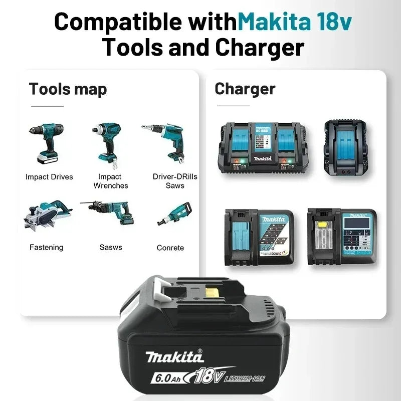 Original Makita 18V 5.0Ah 6.0Ah Rechargeable Battery, for Makita Tool BL1830B BL1840 BL1840B BL1850 BL1850B 18650 18V Battery