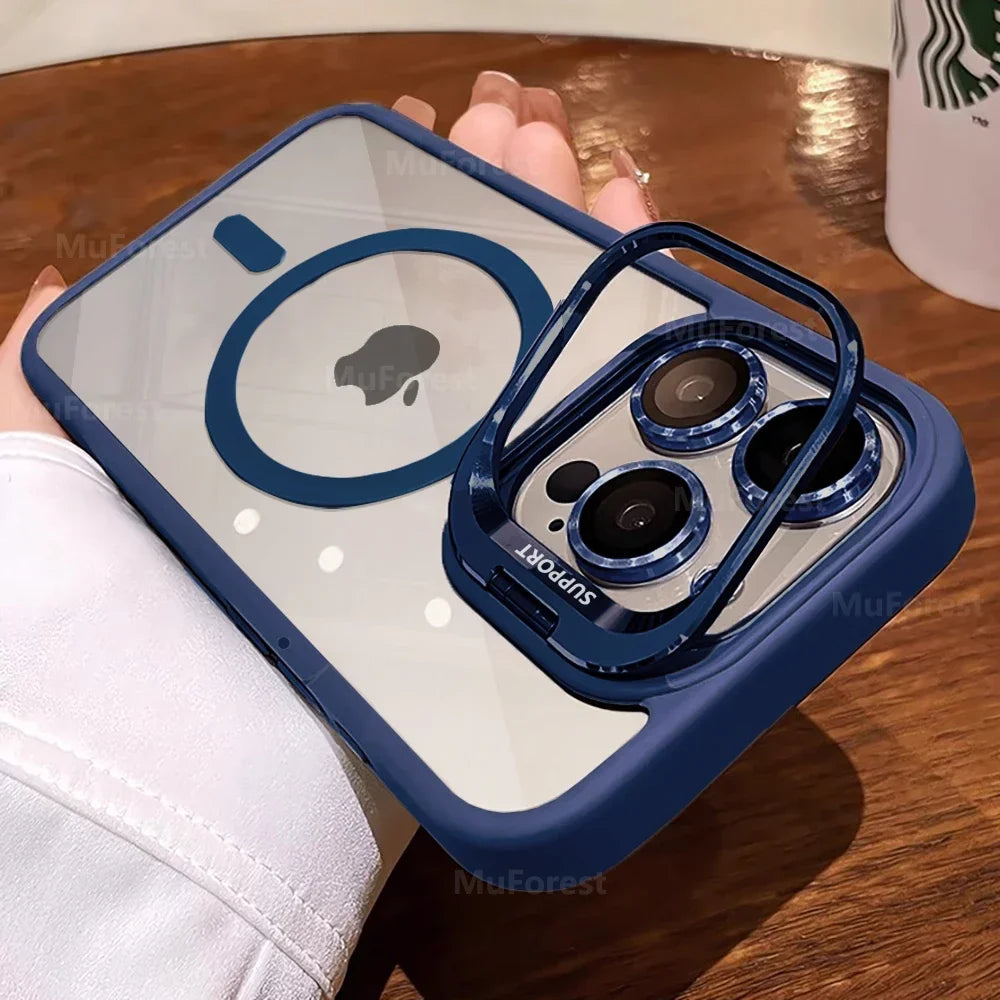 Luxury Cases For iPhone 16 15 14 13 12 11 Pro Max Plus For Magsafe Magnetic PC Hard Stand Holder Glass Lens Protection Cover