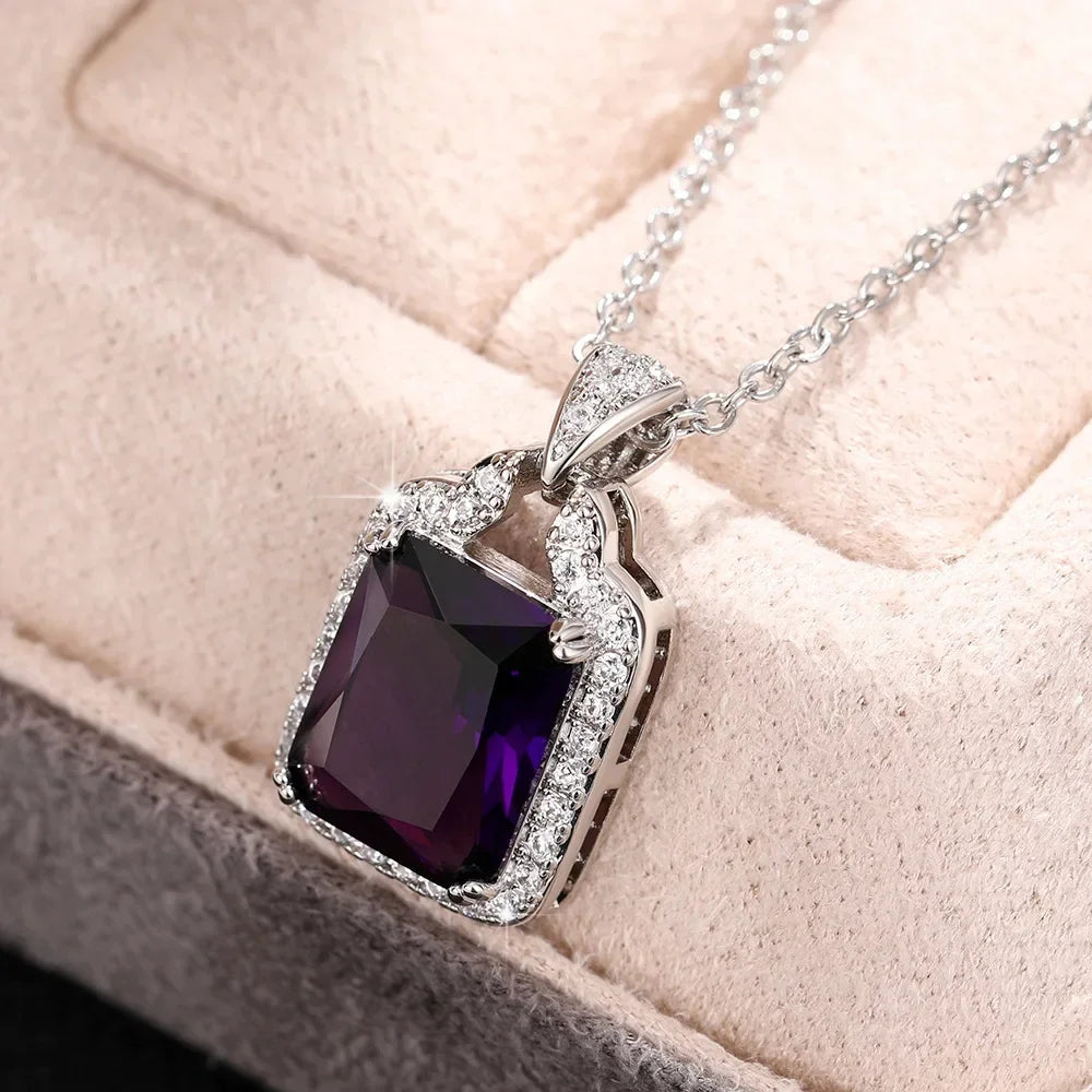 New Chic Square Purple Cubic Zirconia Necklace for Women Gorgeous Bride Engagement Wedding Necklaces Luxury Fashion Jewelry