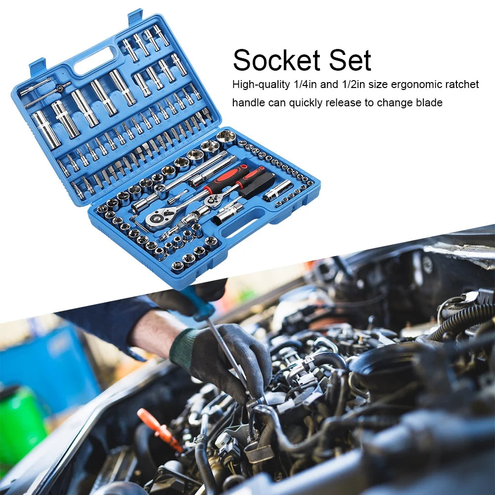 108Pcs Ratchet Wrench Set 1/4in 1/2in CR40 Steel Socket Set Tool Case Box Hex Extension Socket Hand Tools Kits Screwdriver Bits